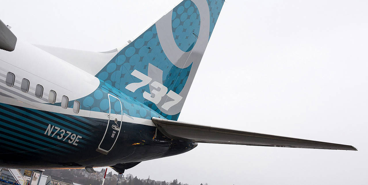 The tail of a Boeing Co. 737 Max 9 jetliner at the company’s manufacturing facility in Renton is seen in 2017. (David Ryder/Bloomberg)