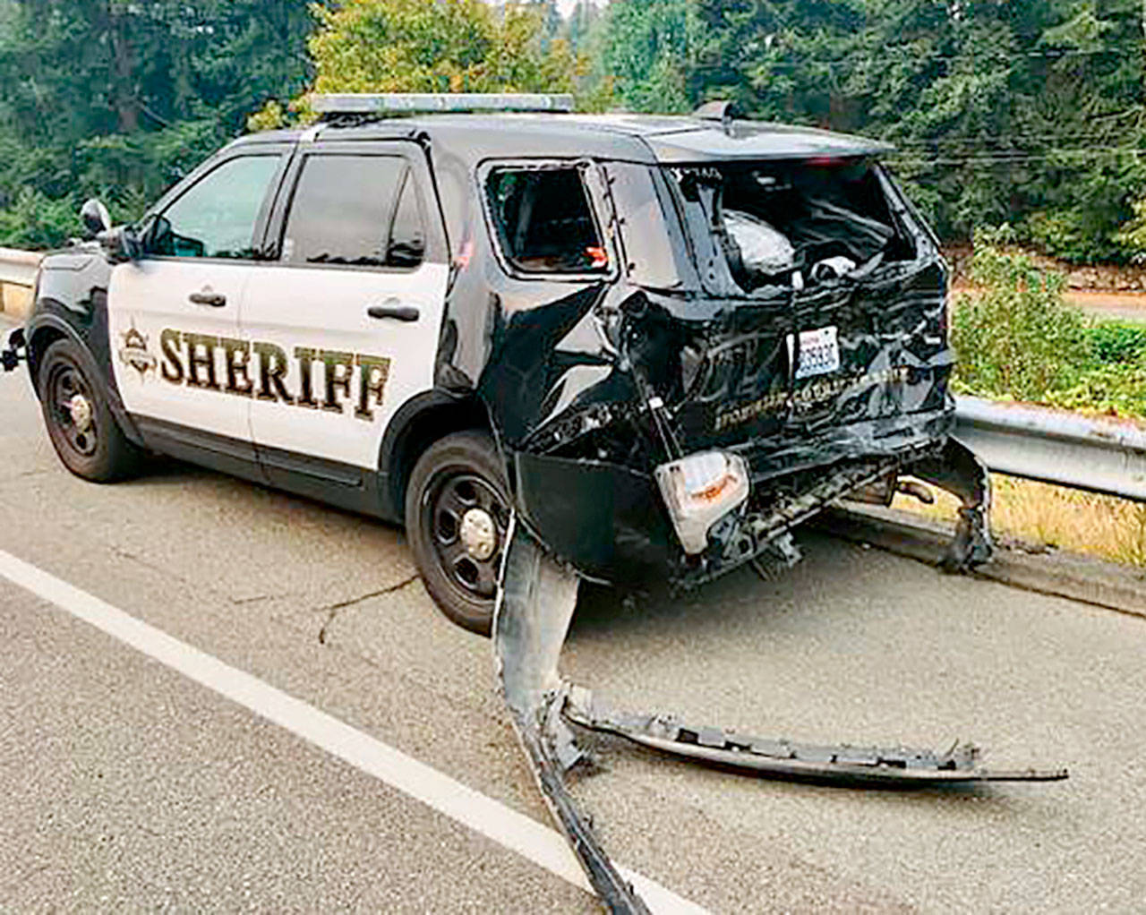 A Snohomish County sheriff’s patrol vehicle was allegedly rammed by a suspect in a stolen truck at the end of a cross-county pursuit. (Snohomish County Sheriff’s Office)