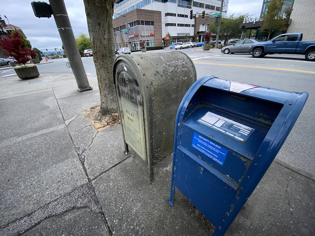 A mailbox at the corner of Everett and Colby avenues in Everett. (Sue Misao / The Herald)