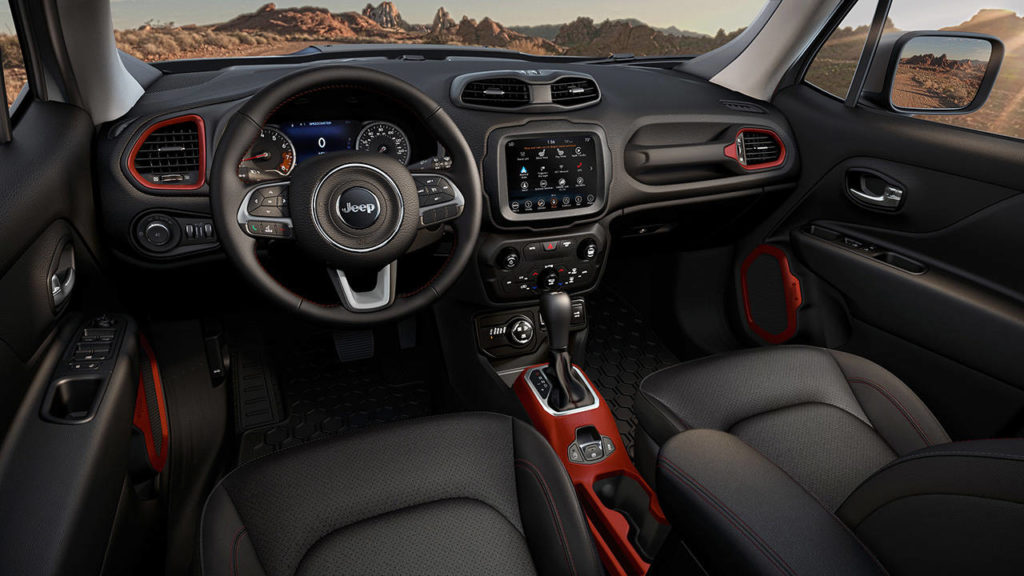 An upgraded Uconnect infotainment system with 8-inch touchscreen is available on the 2020 Jeep Renegade. The Trailhawk interior is shown here. (Manufacturer photo)

