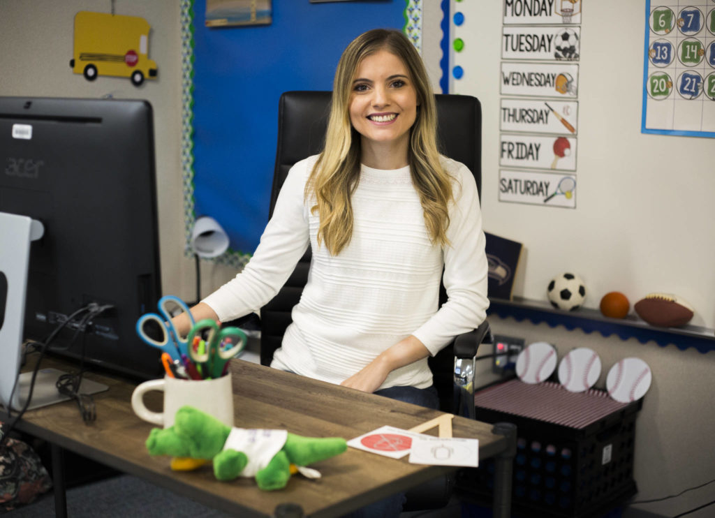 Glenwood Elementary School teacher Mackenzie Adams in her classroom on Wednesday, where she teaches 16 kindergartners remotely. (Olivia Vanni / The Herald)
