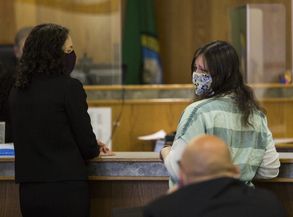 Marissa Wallen looks back at her family while addressing the court during her sentencing hearing Wednesday in Everett. (Olivia Vanni / The Herald)
