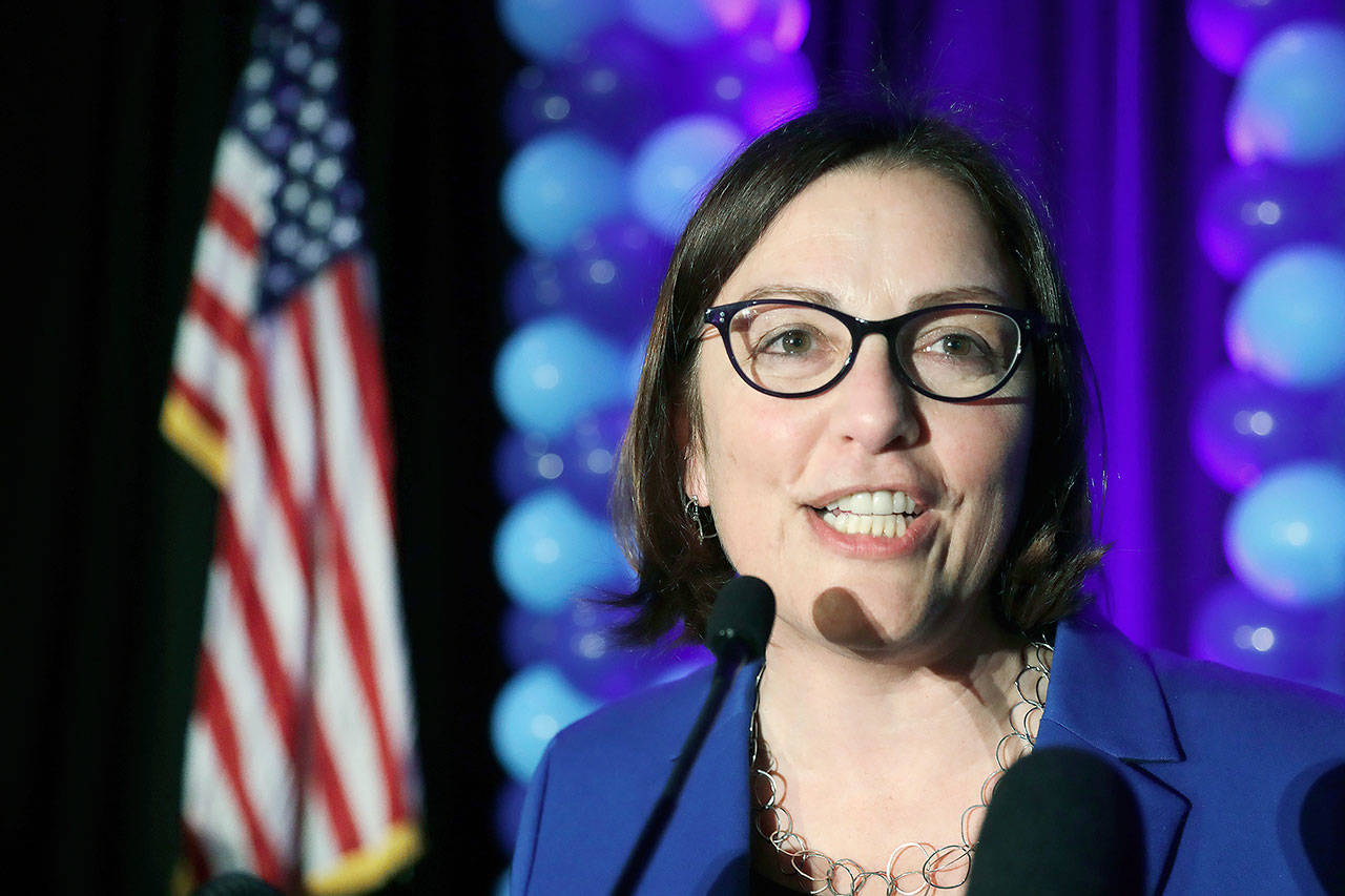 U.S. Rep. Suzan DelBene, D-1st District, addresses an election night party for Democrats, Nov. 6, 2018, in Bellevue. (Elaine Thompson / Associated Press file)