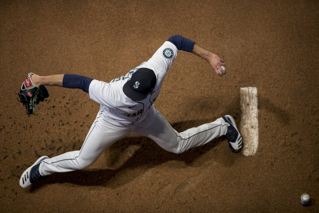 Mariners pitcher Nick Margevicius warms up before a game against the Astros on Wednesday, Sept. 23, 2020, in Seattle. (Olivia Vanni / The Herald)
