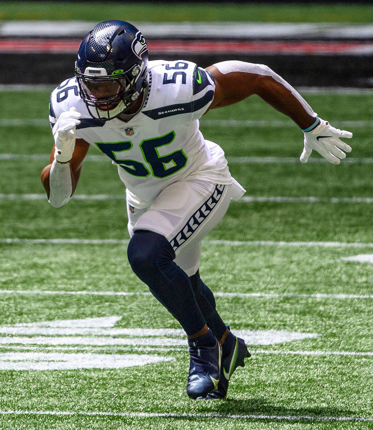 Seahawks linebacker Jordyn Brooks in action during the first half of a game against the Falcons on Sept. 13, 2020, in Atlanta. (AP Photo/Danny Karnik)