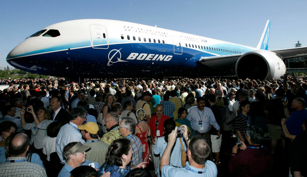 The first production model of the new Boeing 787 Dreamliner airplane is unveiled to an audience of several thousand employees, airline executives, and dignitaries during a ceremony July 8, 2007, at Boeing’s assembly plant in Everett. (AP Photo/Ted S. Warren, file)
