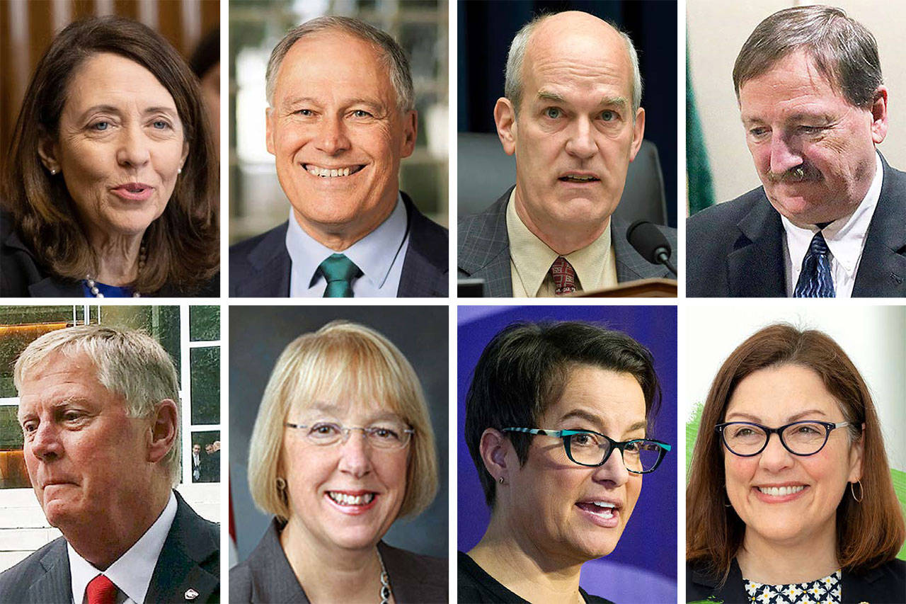 Top (L-R): Maria Cantwell, Jay Inslee, Rick Larsen, Dave Somers. Bottom (L-R): Ray Stephanson, Patty Murray, Cassie Franklin, Suzan DelBene.