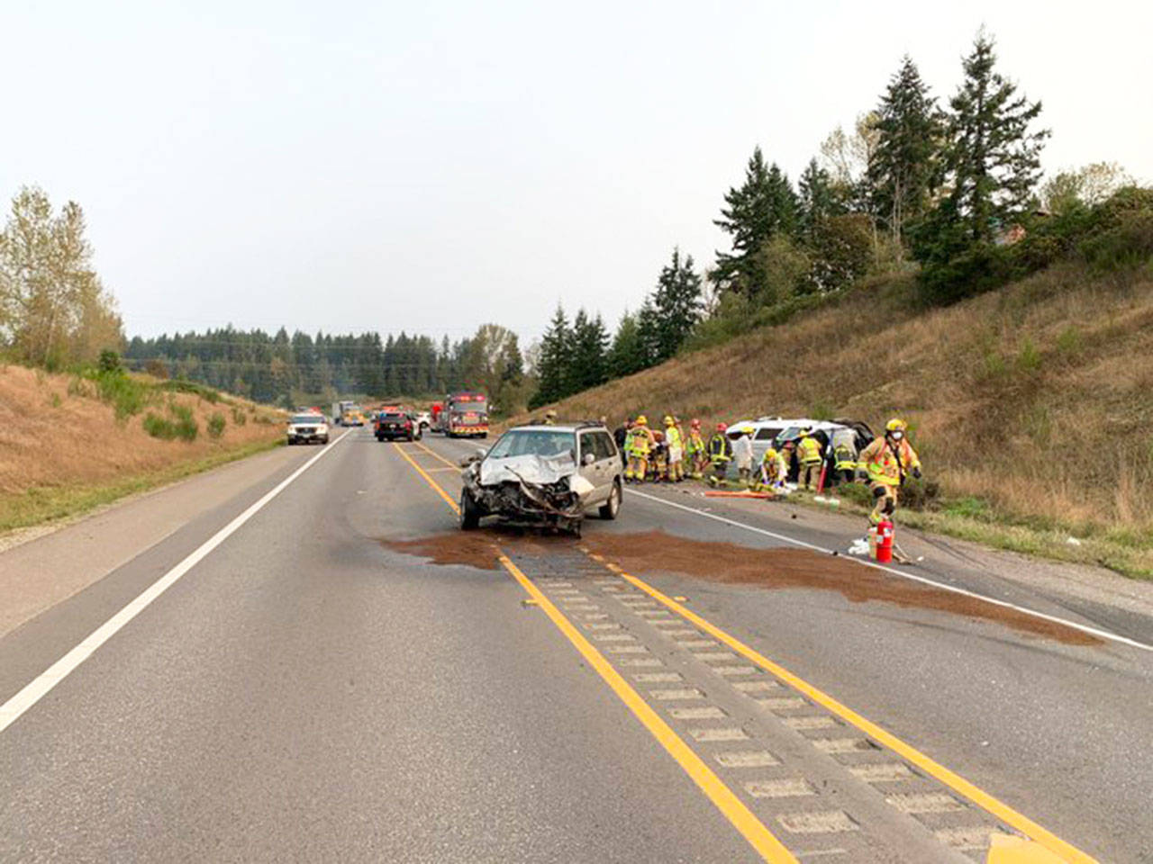 A collision on U.S. 2 at Three Lakes Road on Wednesday blocked both lanes of the highway. (Washington State Patrol)