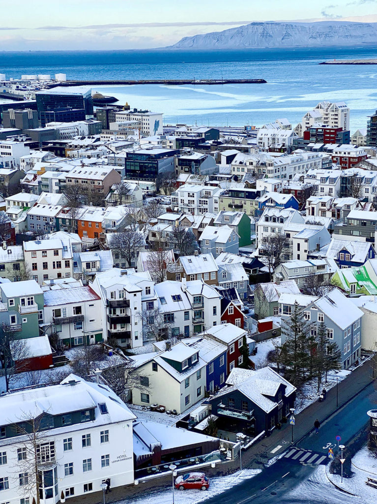 View from the clock tower in downtown Reykjavik’s church Hallgrímskirkja that stands 244 feet high. The church is one of the city’s best-known landmarks and is visible throughout the city. It opened in 1986 and took 41 years to build. In front is a statue of explorer Leif Erikson that was a gift from the United States in 1930. (Andrea Brown / The Herald)
