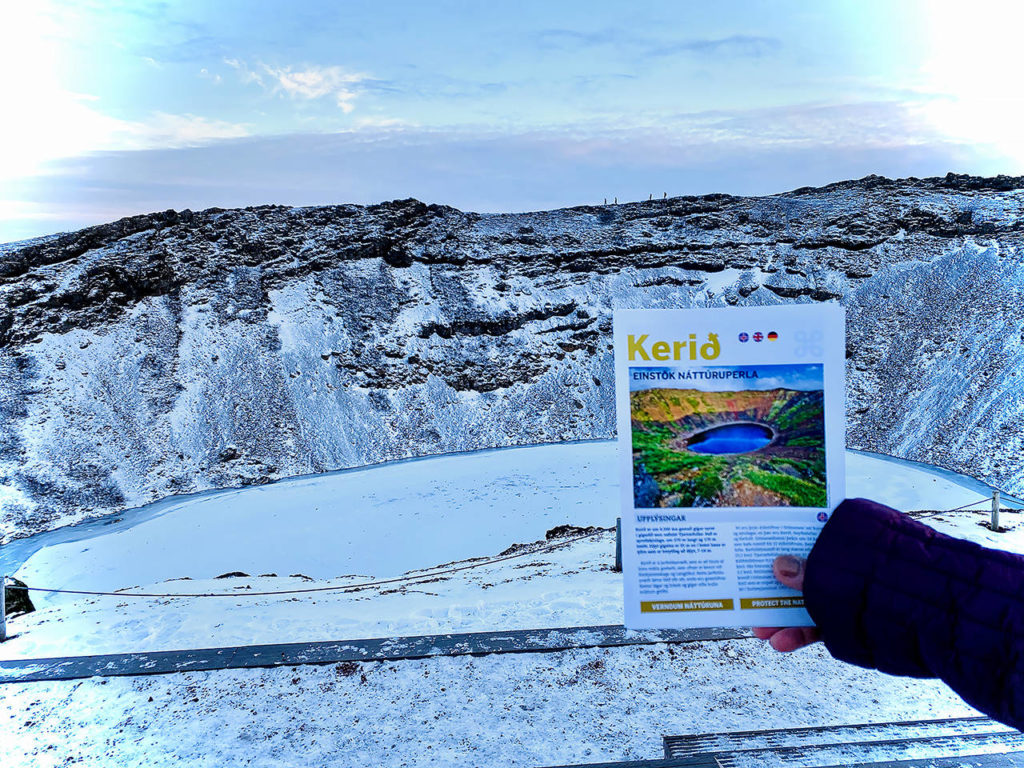 Kerid Crater Lake is a 3,000-year-old volcanic crater lake on the Golden Circle route in South Iceland. The winter look is a contrast to the summer look in a brochure. (Andrea Brown / The Herald)
