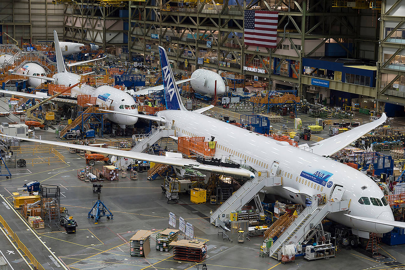 Boeing 787's in various stages of assembly at Boeing's Everett Plant on April 29, 2017 in Everett. (The Boeing Co.)