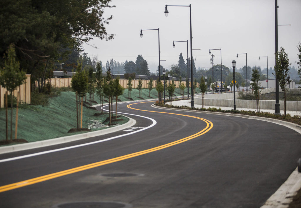 The view looking east down the new First Street bypass on Thursday in Marysville. (Olivia Vanni / The Herald)
