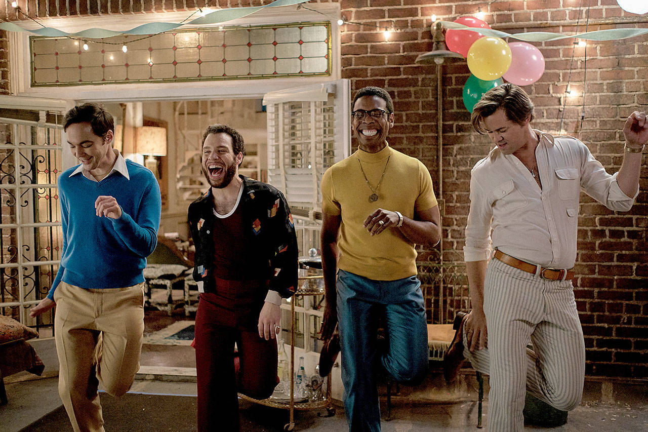 From left, Jim Parsons, Robin De Jesus, Michael Benjamin Washington and Andrew Rannells in “The Boys in the Band.” (Netflix)