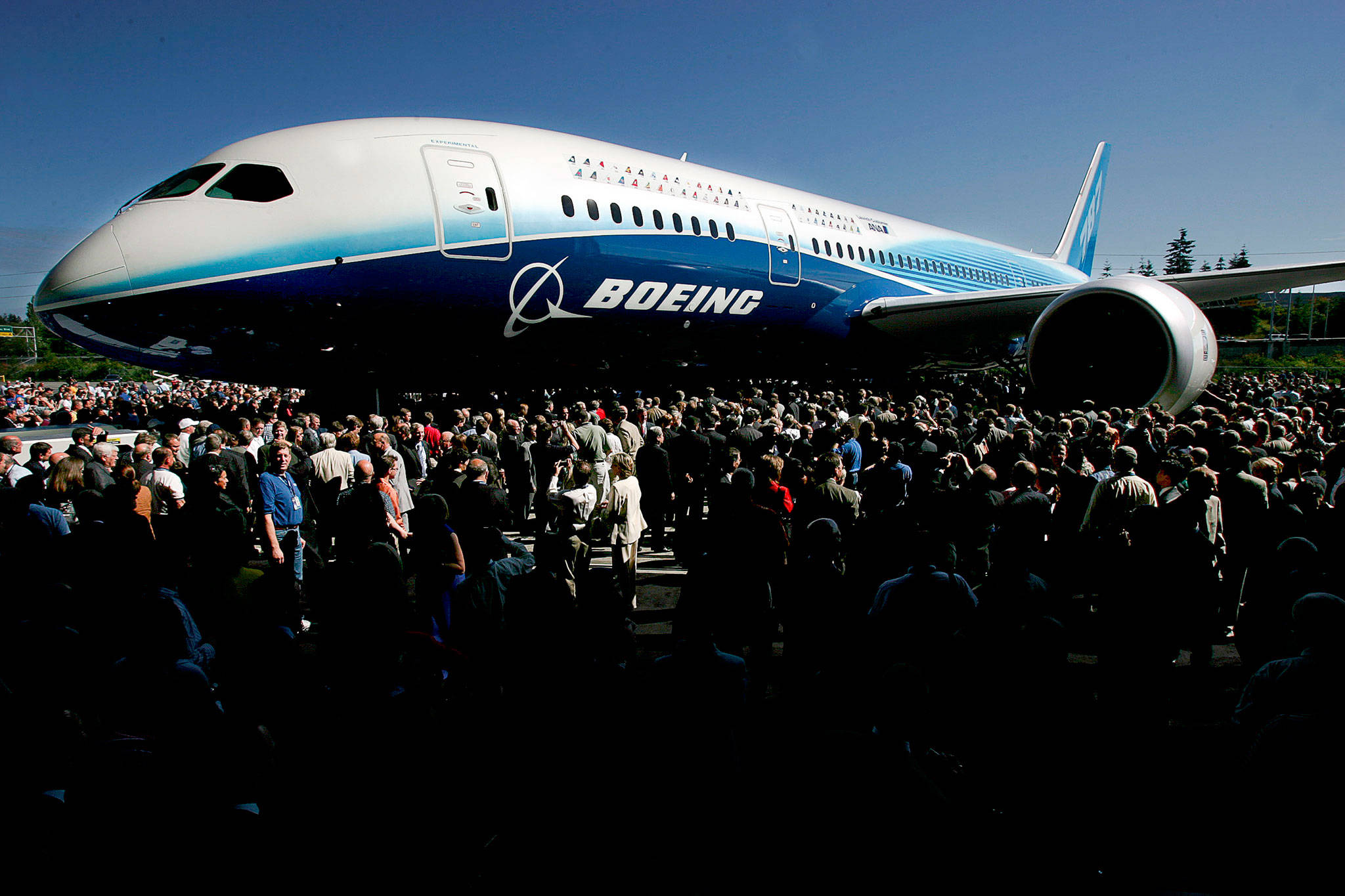 The first Boeing 787 Dreamliner is swarmed by a crowd attending the roll-out of the plane at the Boeing assembly facilty in Everett in July of 2007. (Michael O’Leary / Herald file photo)