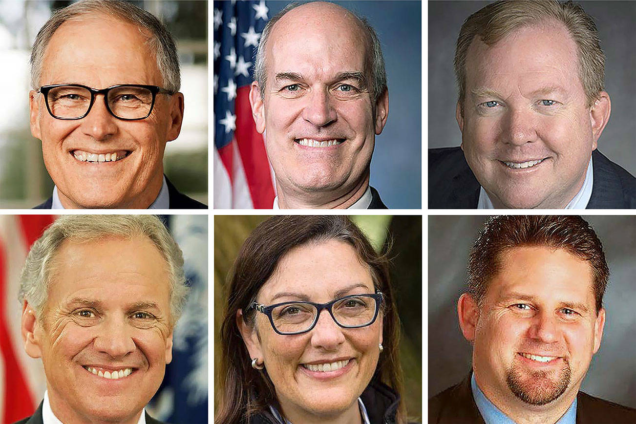 Top (L-R): Gov. Jay Inslee, Rep. Rick Larsen, Boeing CEO Stan Deal. Bottom (L-R): South Carolina Gov. Henry McMaster, Rep. Suzan DelBene, Machinists and Aerospace Workers Union President Jon Holden.