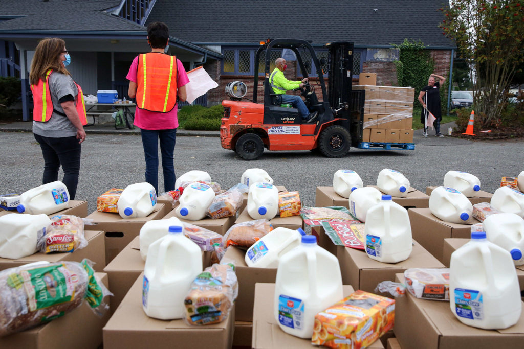 Friday morning at the Faith Food Bank at Faith Lutheran Church in Everett on October 9, 2020. (Kevin Clark / The Herald)
