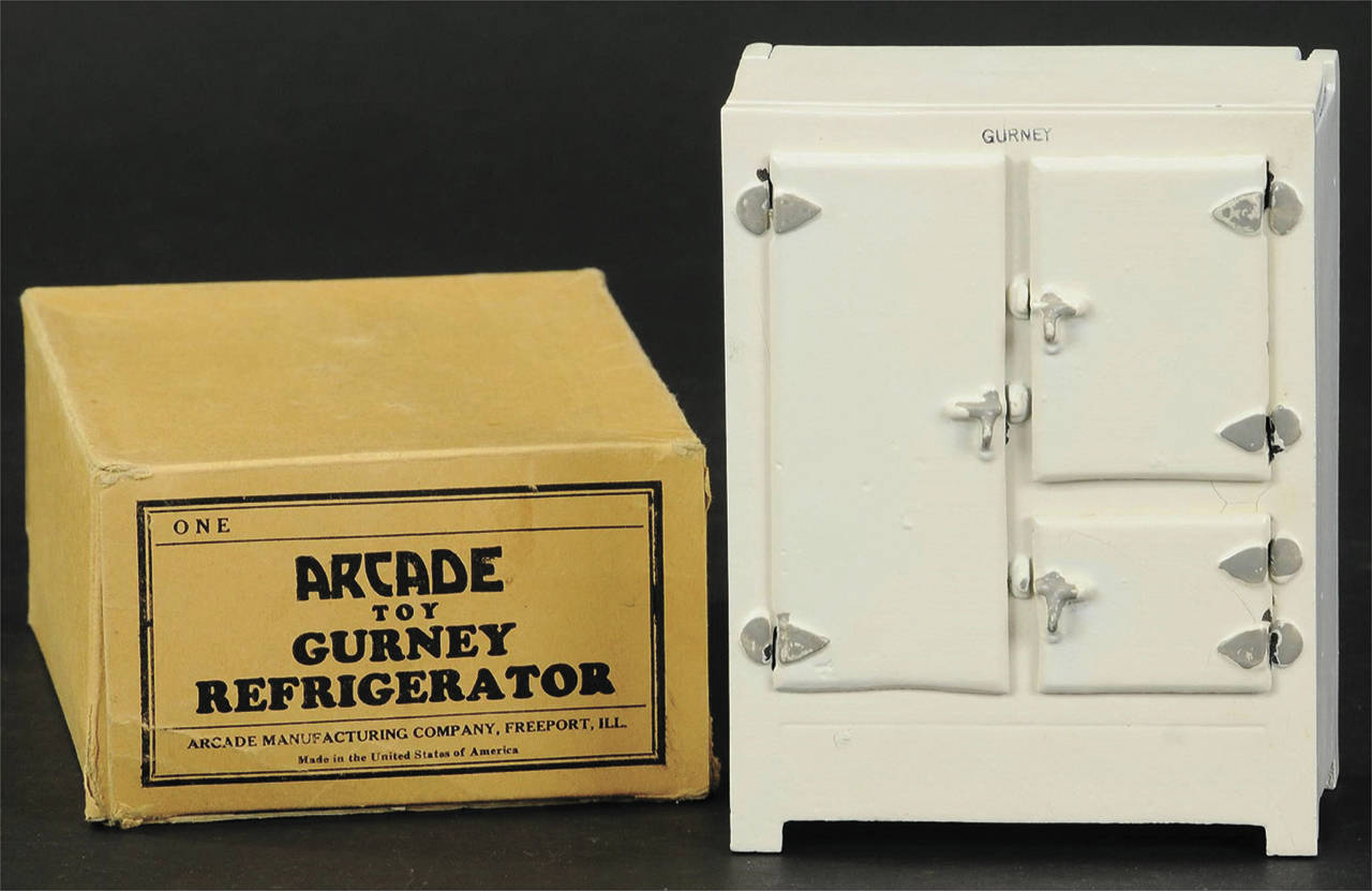 This toy refrigerator can be dated by the square section that held a block of ice, an early type used from the 1840s. It sold at auction in “unplayed with” condition with a pristine box for more than $1,000. (Cowles Syndicate Inc.)