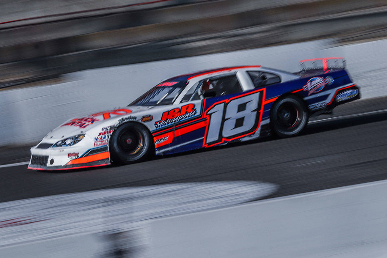 The No. 18 car of Tyson Lang, Glacier Peak's starting varsity quarterback, races around the track at Evergreen Speedway in Monroe. (Photo provided by Evergreen Speedway)