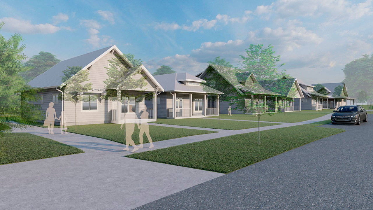 A computer illustration shows single-family homes along Norton Avenue that Housing Hope has proposed for three acres near Sequoia High School for homeless families with students in the Everett School District. (Housing Hope)