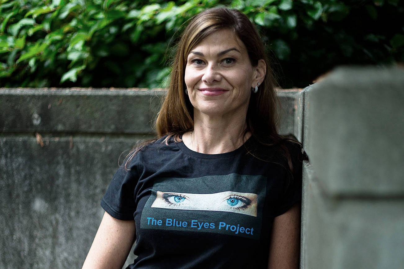 Kari Cedeno-Betancourt wearing a Blue Eyes Project shirt, a project started in remembrance of her daughter Payton Beck-Glessner on Friday, Oct. 16, 2020 in Everett, Wa. (Olivia Vanni / The Herald)