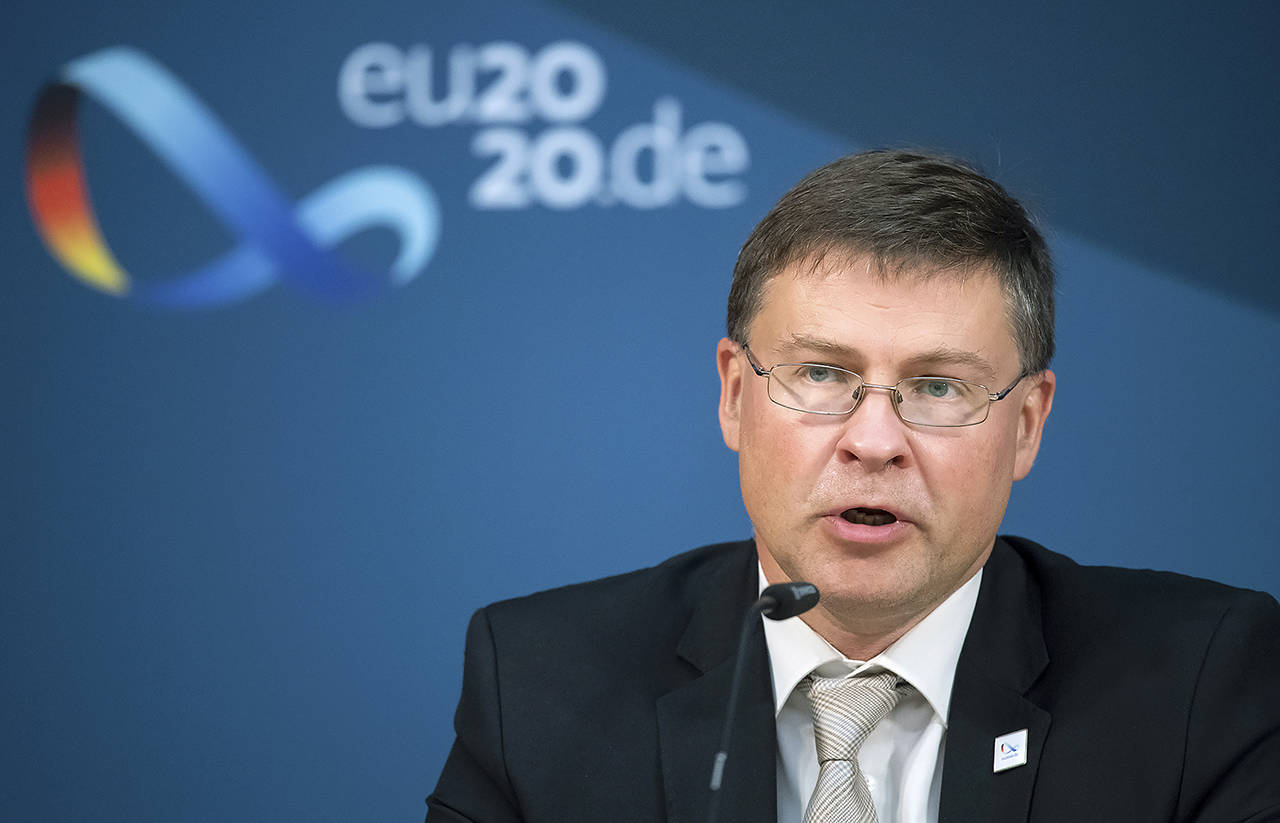 Valdis Dombrovskis, Vice-President of the EU Commission, speaks at a press conference in Berlin, Germany, following the informal talks of the EU Trade Ministers on Sept. 21. (Bernd von Jutrczenka/Pool via AP)