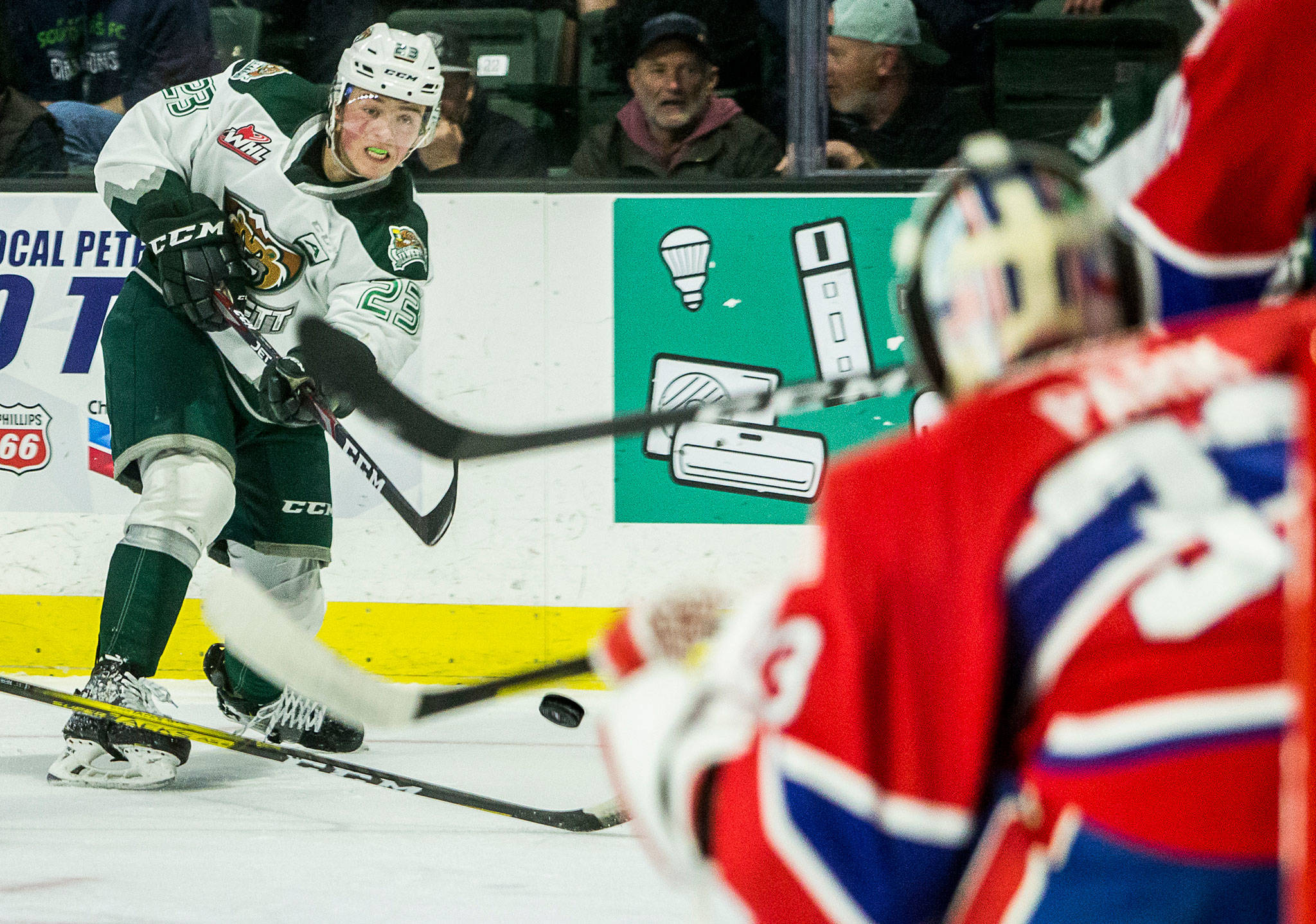 The Silvertips’ Jake Christiansen takes a shot at goal during a game against the Chiefs on Jan. 26, 2020, in Everett. (Olivia Vanni / The Herald)