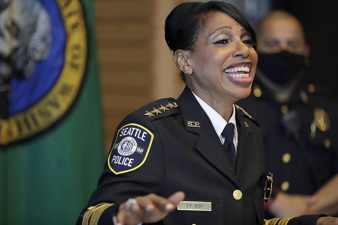 Then-Seattle Police Chief Carmen Best laughs during a light moment at a news conference Aug. 11 in Seattle. Best, the first Black woman to lead Seattle’s police department, stepped down in September following cuts to her budget that would reduce the department by as many as 100 officers. (AP Photo/Ted S. Warren, file)