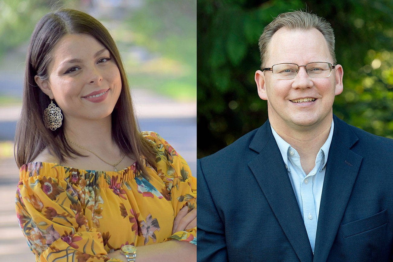 CORRECTS NAME OF CANDIDATE AT LEFT TO MAIA ESPINOZA INSTEAD OF OF MONICA MARCHETTI - Maia Espinoza, a candidate for Washington state superintendent of public instruction, is shown at left in an undated photo taken by Monica Marchetti and provided by her campaign. Espinoza is challenging incumbent state superintendent Chris Reykdal, right, shown in an AP photo taken Oct. 2, 2020, in Olympia, Wash., in the upcoming November election. (AP Photo)