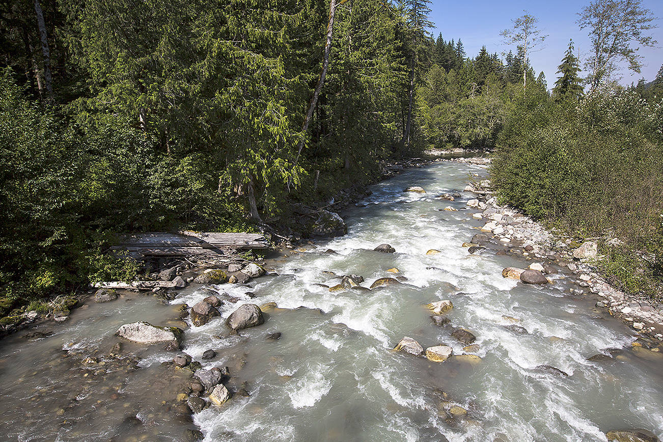 The Sauk River rushes by near a popular boat launch area close to White Chuck Mountain off the Mountain Loop Highway, just outside of Darrington. (Daniella Beccaria / Herald file)