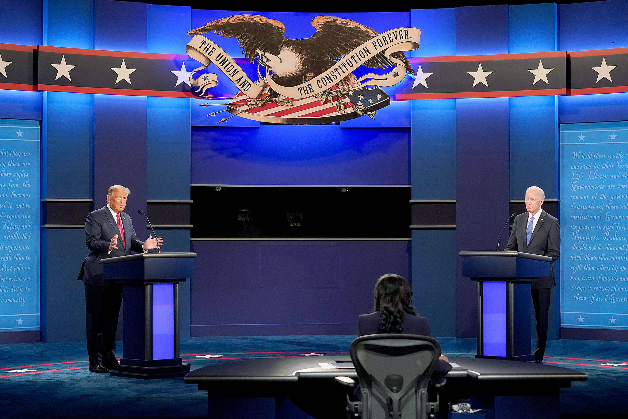 President Donald Trump (left) and Democratic presidential candidate and former Vice President Joe Biden during the second and final presidential debate Thursday at Belmont University in Nashville. Seated in the center is moderator Kristen Welker of NBC News. (AP Photo/Patrick Semansky)