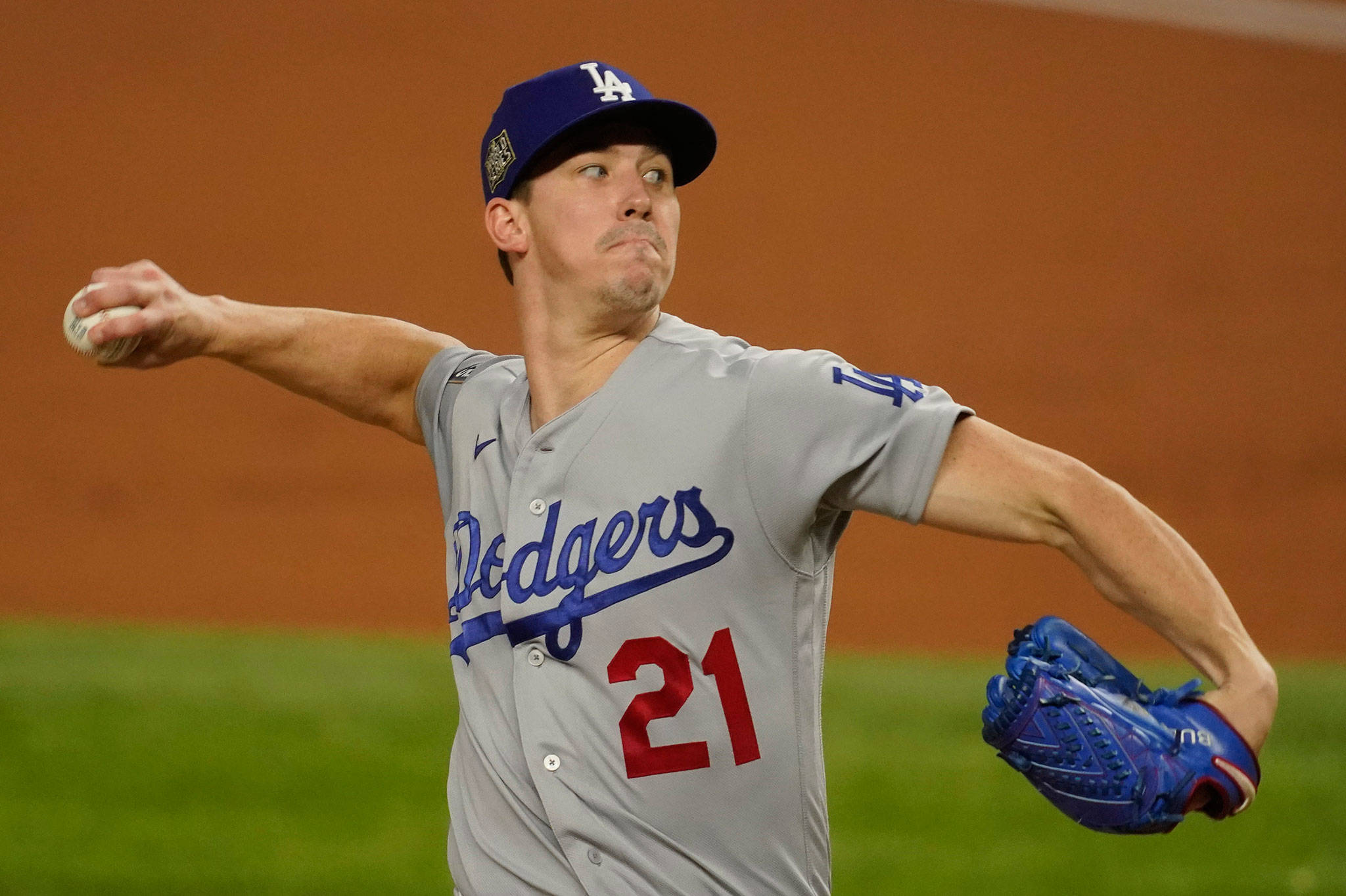 Dodgers starting pitcher Walker Buehler throws against the Rays during the first inning of Game 3 of the World Series on Oct. 23, 2020, in Arlington, Texas. (AP Photo/Tony Gutierrez)