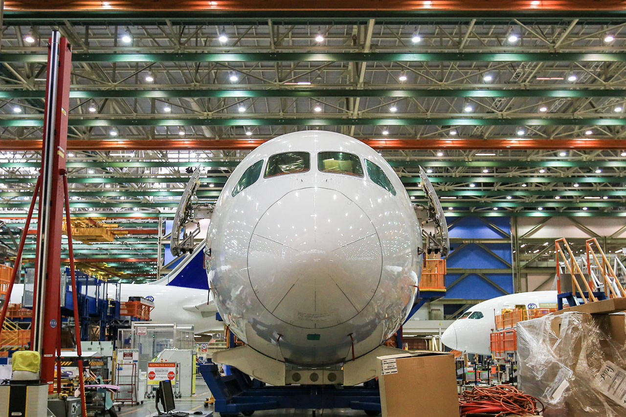 The nose of the 500th 787 Dreamliner at the assembly plant in Everett in 2016. (Kevin Clark / Herald file)