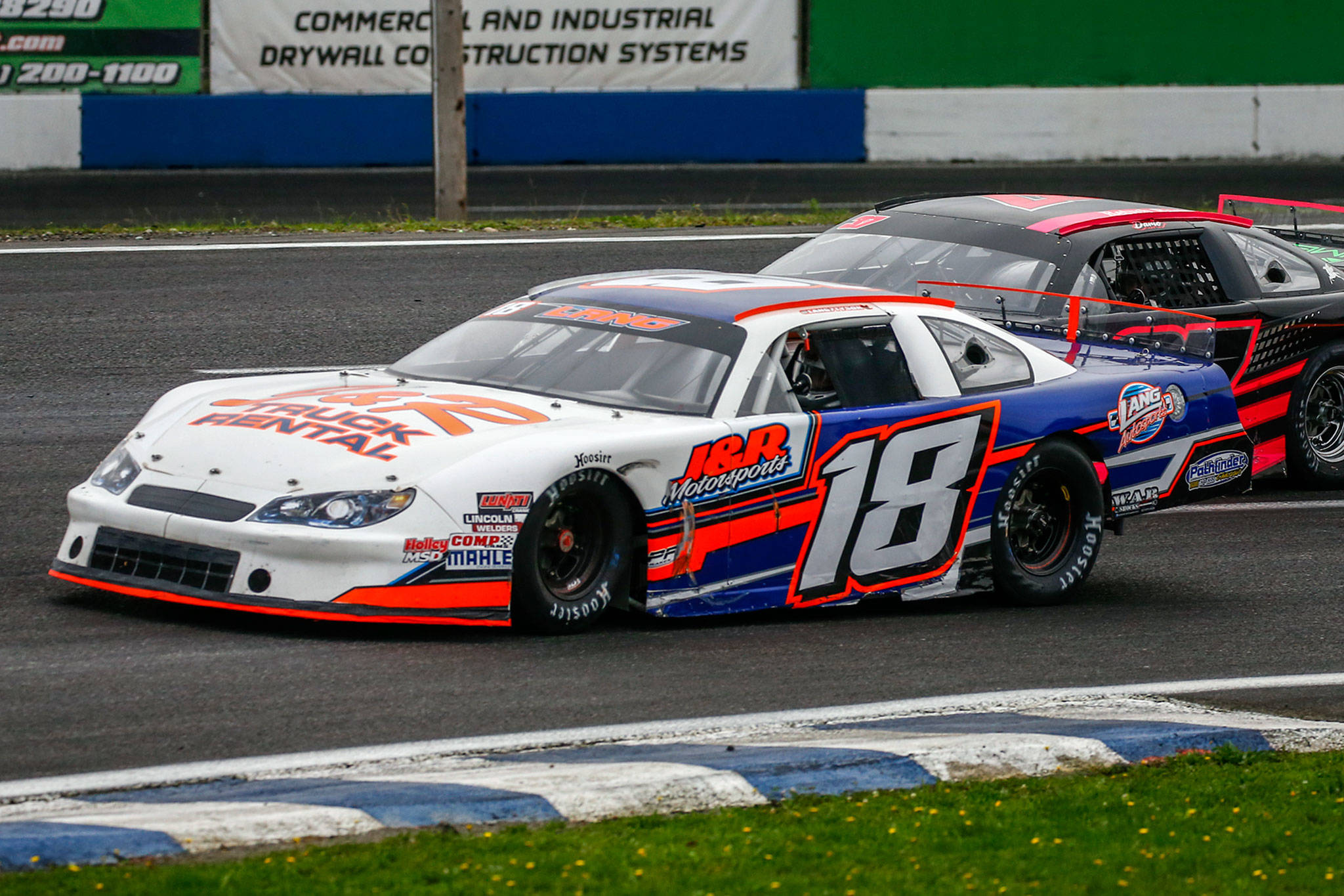 Tyson Lang #18 during the Central Welding Supply 125 for Pro Late Models at the Evergreen Speedway in Monroe on October 17, 2020. (Kevin Clark / The Herald)