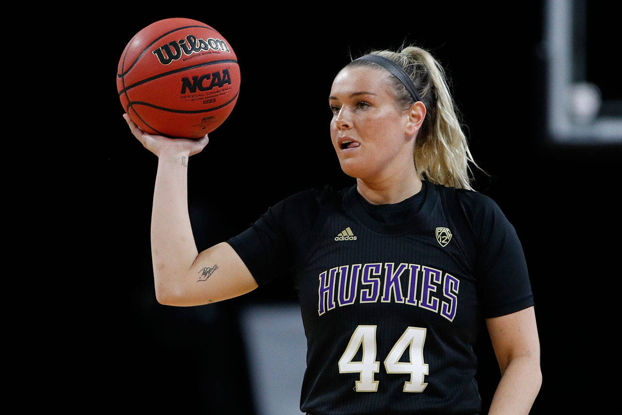 Washington’s Missy Peterson (44) plays against Utah in an NCAA basketball game during the first round of the Pac-12 women’s tournament March 5, 2020, in Las Vegas. (AP Photo/John Locher)