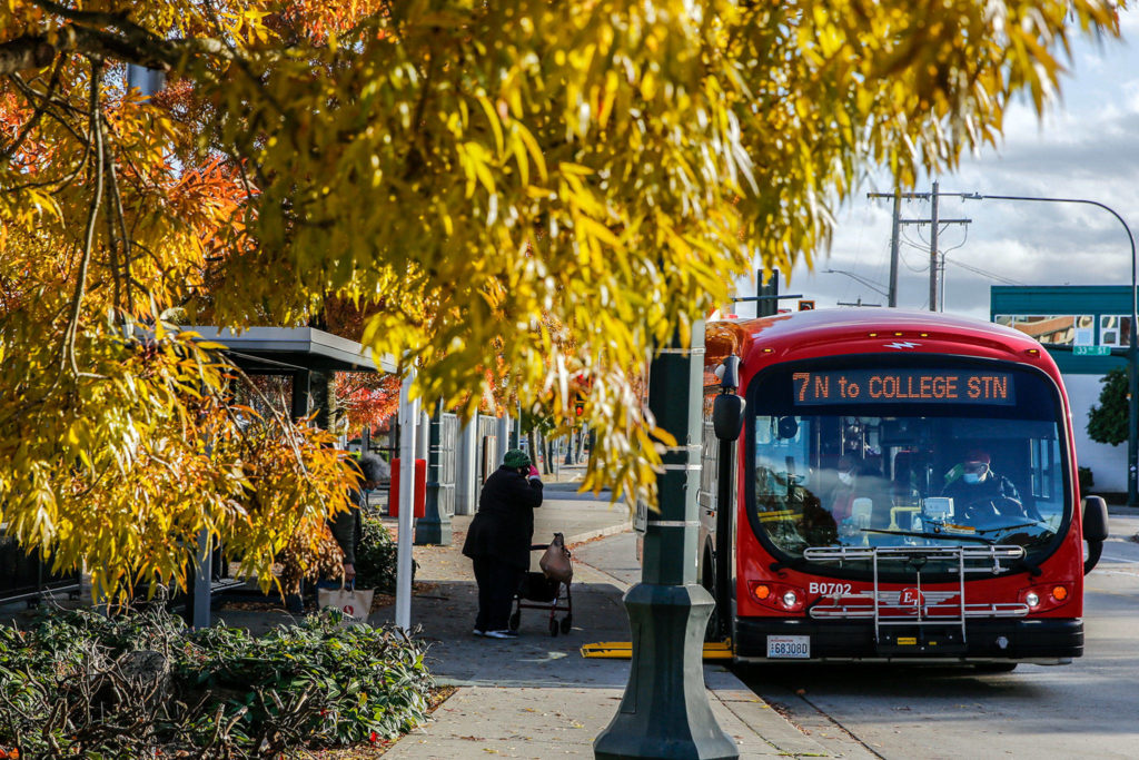 Everett Transit could keep reduced service, including Sundays and holidays, plus the cut Route 6 that connects Everett Station to College station and West Marine View Drive along the waterfront, next year. (Kevin Clark / The Herald)
