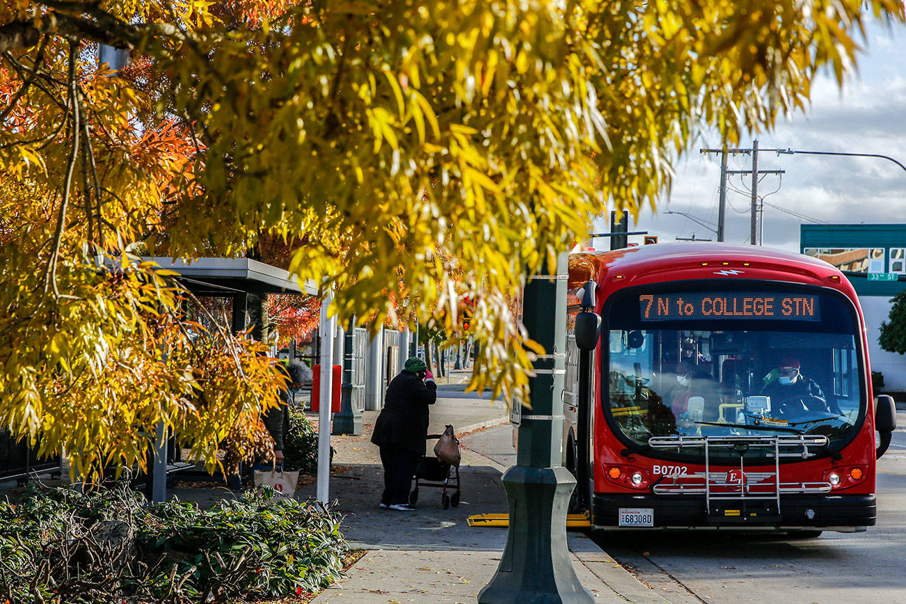 Everett Transit has cut Sunday and holiday service, plus Route 6 which loops from Everett Station to College station and West Marine View Drive along the waterfront. (Kevin Clark / The Herald)