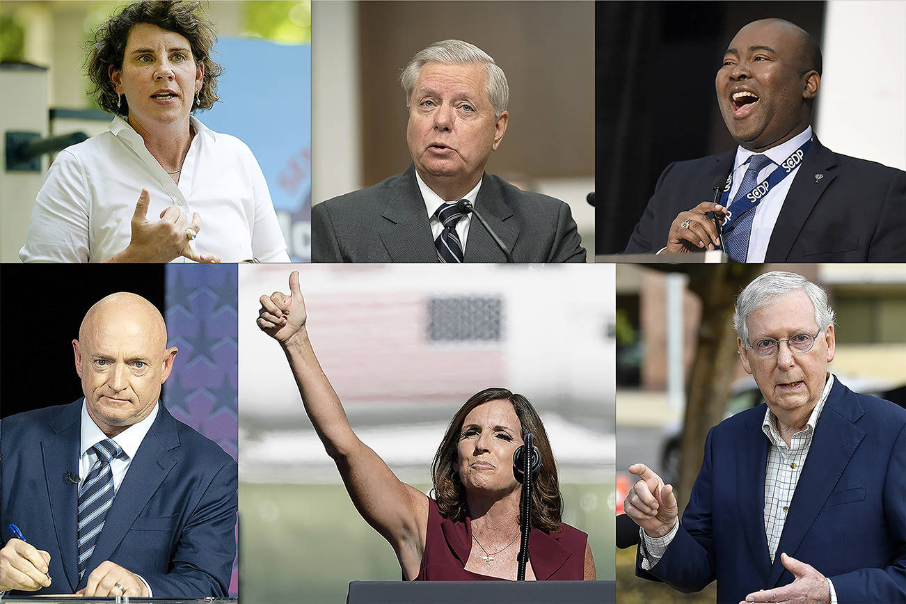 Top (L-R): Amy McGrath, Lindsey Graham, Jamie Harrison. Bottom (L-R): Mark Kelly, Martha McSally, Mitch McConnell. (AP photos)