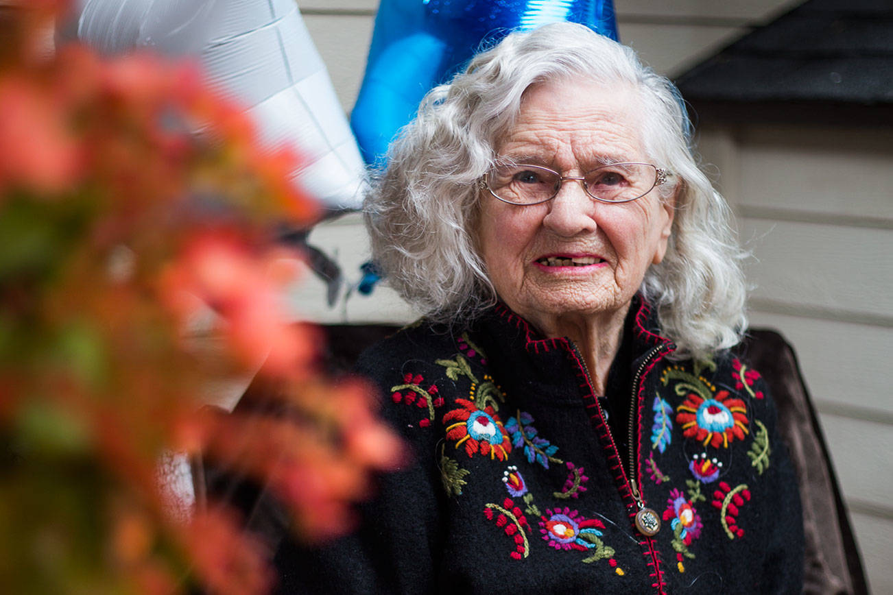 Doris Callaghan, 100, at her assisted living home on Friday, Oct. 30, 2020 in Mukilteo, Wa. (Olivia Vanni / The Herald)