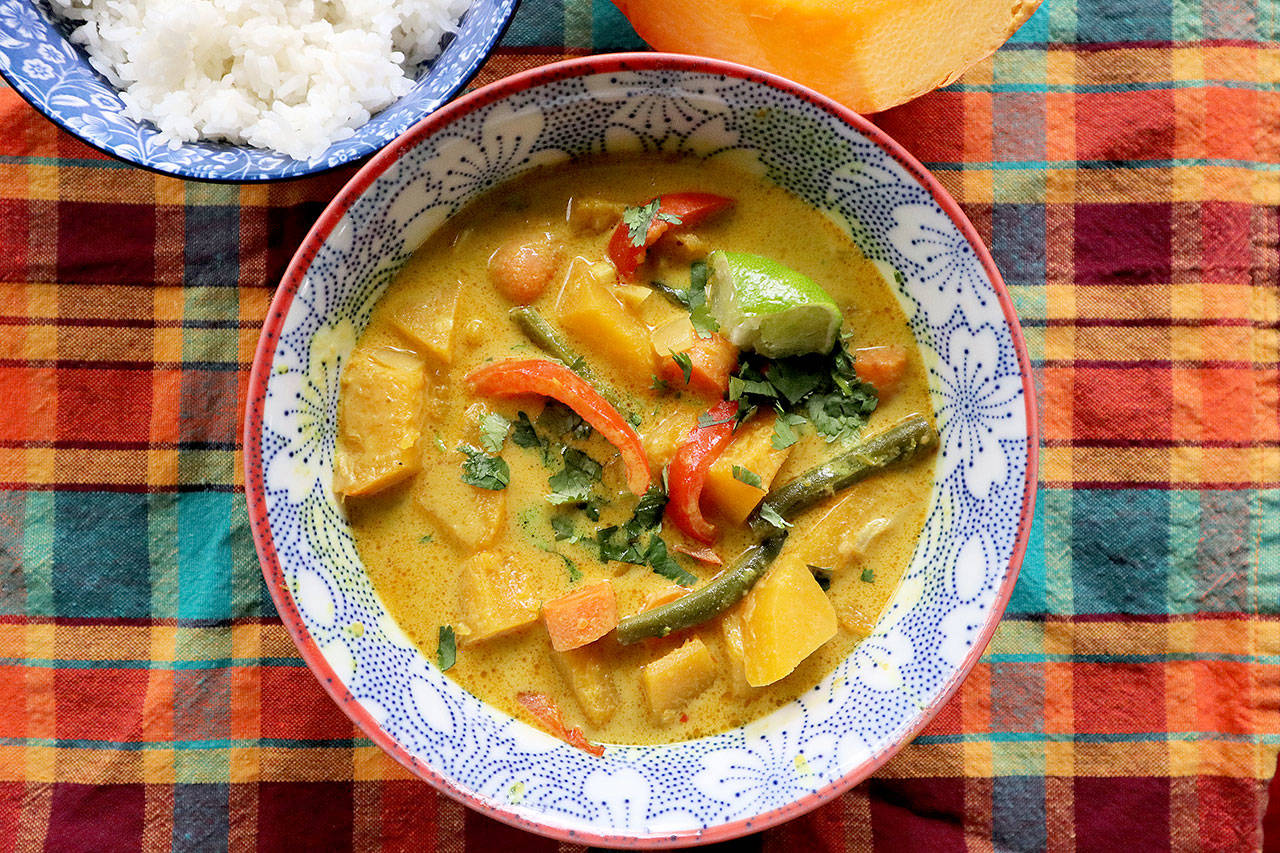 Thai pumpkin curry is made with cubed “Touch of Autumn” pumpkin, coconut milk and red curry paste. Green beans and bell pepper add crunch. (Gretchen McKay / Pittsburgh Post-Gazette)