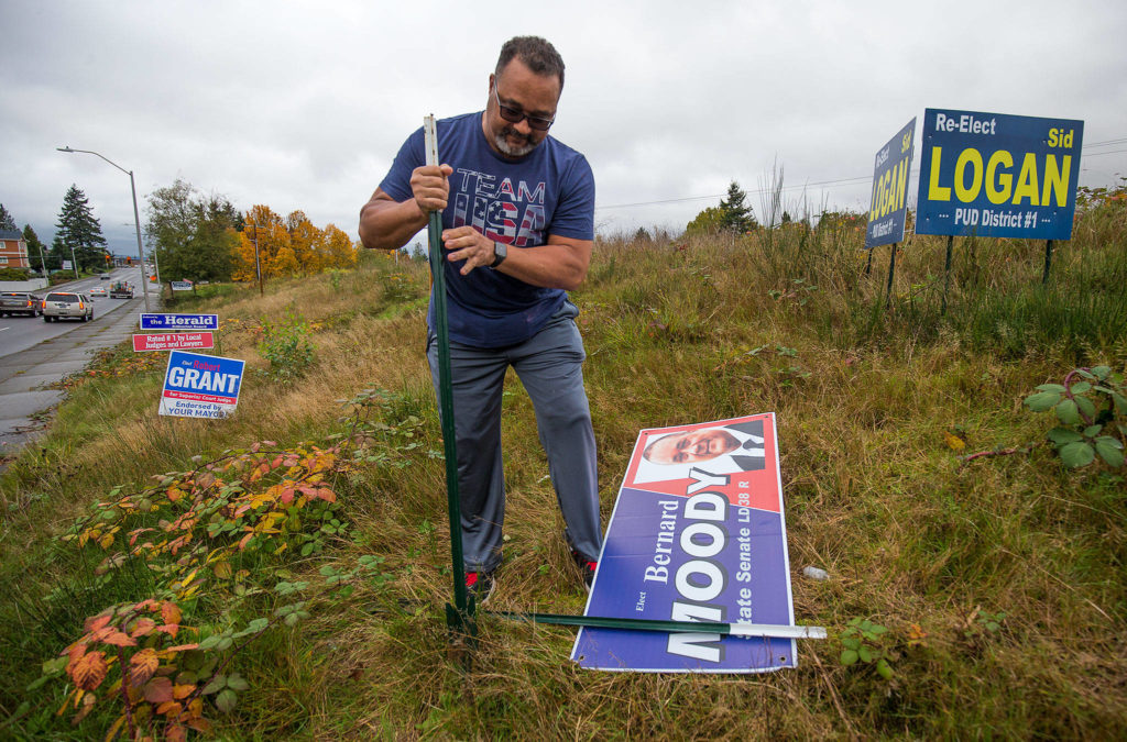 On Election Day, Bernard Moody removes his campaign signs from Everett Mall Way and others along Colby Avenue on Tuesday in Everett. (Andy Bronson / The Herald)

