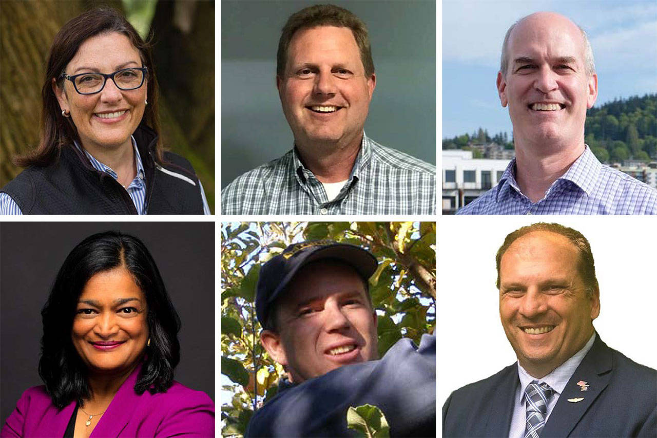 Top (L-R): Suzan DelBene, Jeffrey Beeler, Rick Larsen. Bottom (L-R): Pramila Jayapal, Craig Keller, Tim Hazelo.