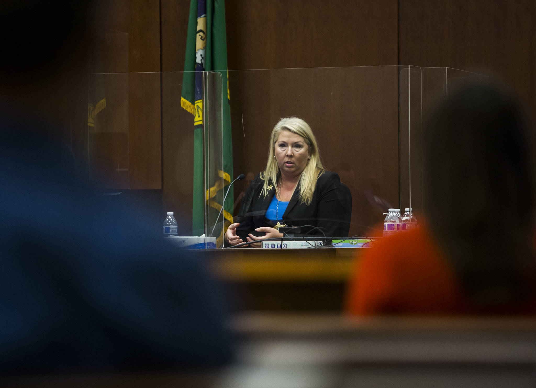 Olivia Vanni / The Herald
Snohomish County sheriff’s detective Kendra Conley testifies in the cold case murder trial of Terrence Miller at the Snohomish County Courthouse on Thursday in Everett.