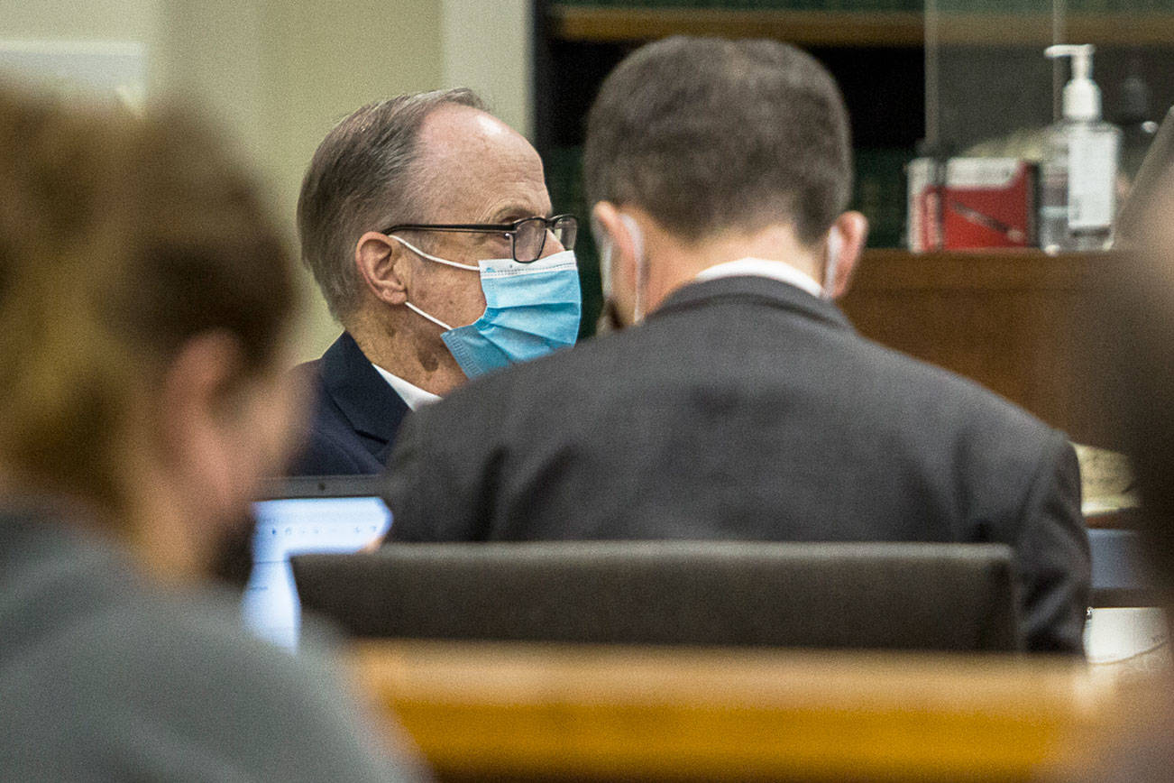 Terrance Miller listens to testimony during his trial at the Snohomish County Courthouse on Thursday, Nov. 5, 2020 in Everett, Wa. (Olivia Vanni / The Herald)