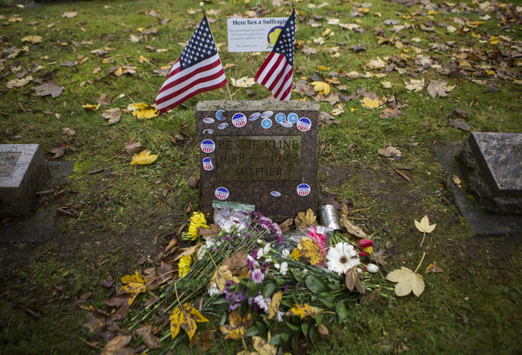 The gravesite of suffragist Bessie Kline at Evergreen Cemetery on Wednesday in Everett. (Olivia Vanni / The Herald)
