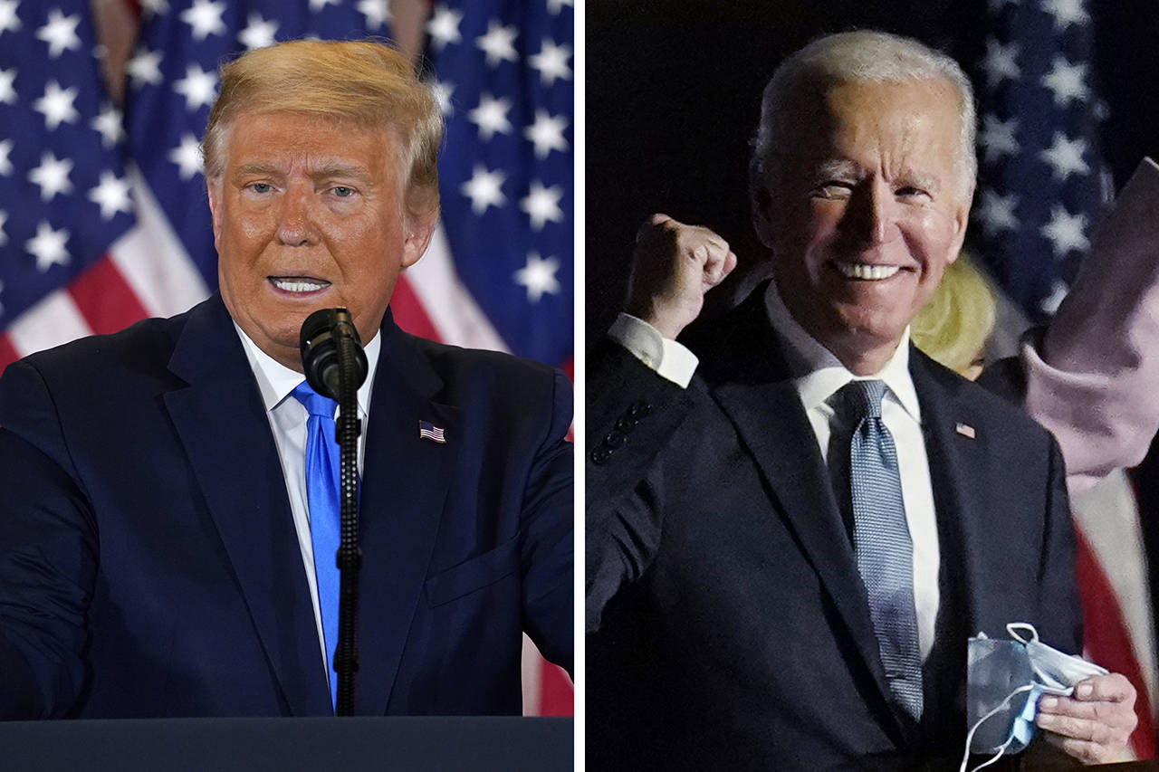 President Donald Trump speaks in the East Room of the White House early Wednesday (AP Photo/Evan Vucci), and former Vice President Joe Biden speaks to supporters early Wednesday in Wilmington, Delaware (AP Photo/Paul Sancya).