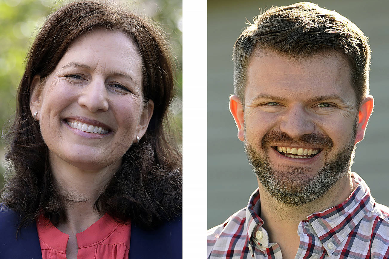 FILE - In this March 30, 2018, file photo, Kim Schrier, left, a Democrat and the representative for Washington state's 8th District, poses for a photo in Issaquah, Wash., and Jesse Jensen, right, the Republican challenging Schrier for the seat, poses for a photo outside his campaign office Tuesday, Sept. 29, 2020, in Pacific, Wash. Jensen is an Army veteran from Bonney Lake who did four combat tours in Afghanistan. Schrier is trying to hold on to her seat after becoming the first Democrat to represent the district since it was founded in the early 1980s. (AP Photo/Elaine Thompson, File)