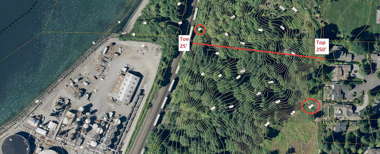 This image shows the slope height above the north end of the Point Wells site. (Snohomish County GIS)