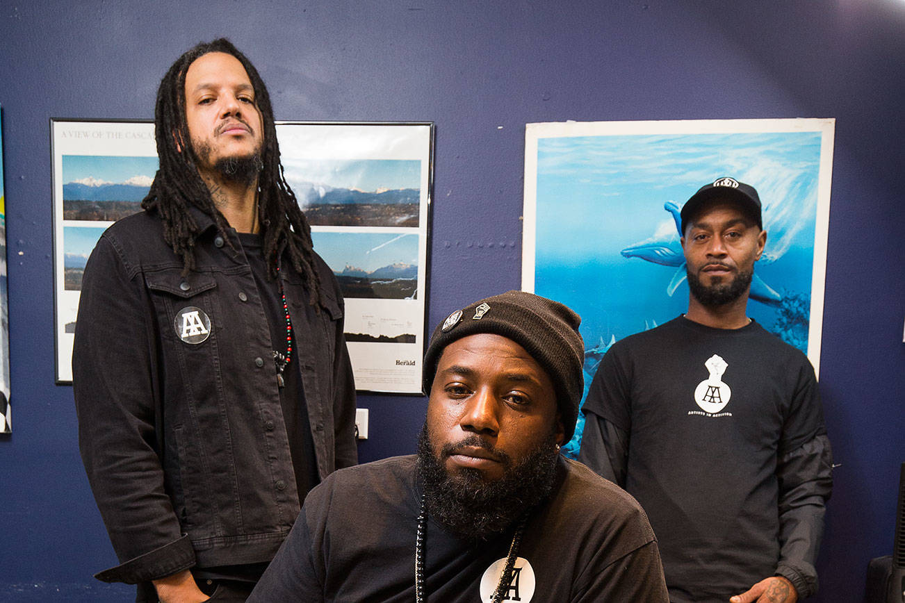 Elton Davis Sr., Jordan Jeffries and Chris Anderson have started an initiative, coined “Cops and Barbers,” is meant to foster honest conversations about race and policing between Black residents and Snohomish County sheriff’s deputies.  on Thursday, Nov. 5, 2020 in Everett, Washington.  (Andy Bronson / The Herald)