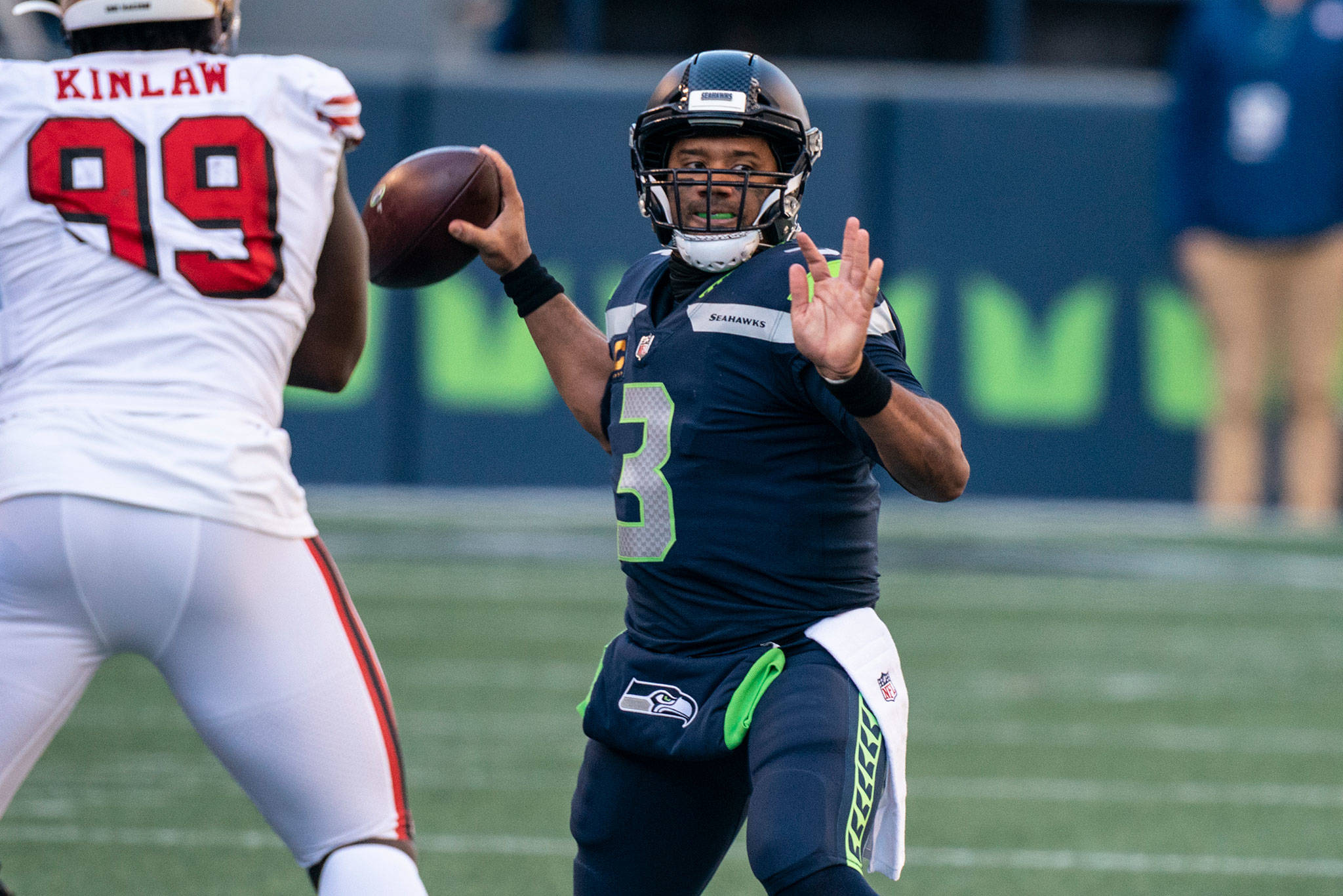 Seahawks quarterback Russell Wilson passes the ball during the first half of a game against the 49ers on Nov. 1, 2020, in Seattle. (AP Photo/Stephen Brashear)
