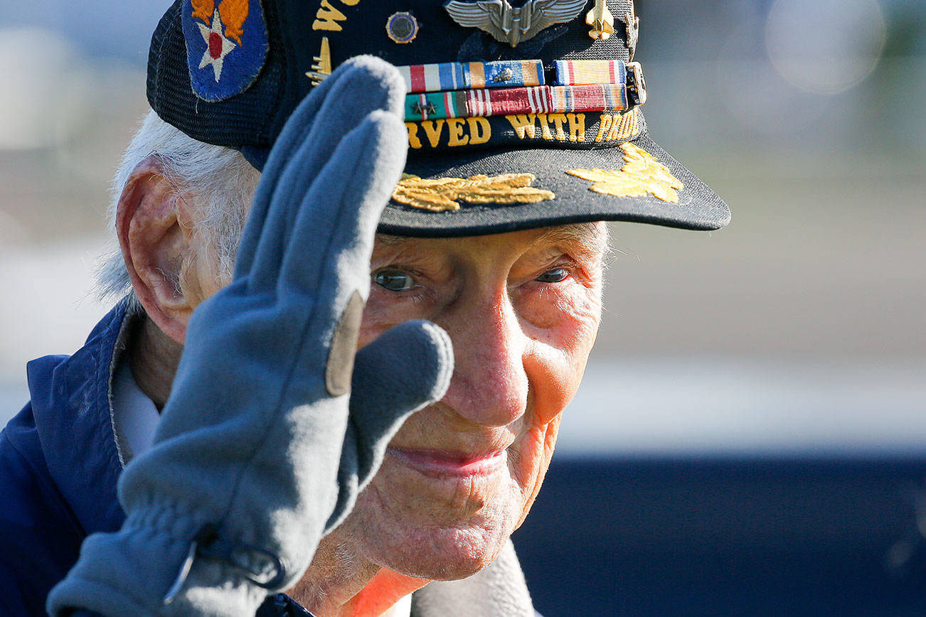 Art Unruh, World War II veteran, celebrates a couple days before his 98th birthday with a parade and vintage warplane flyover Sunday afternoon at the Arlington Airport on November 8, 2020. (Kevin Clark / The Herald)